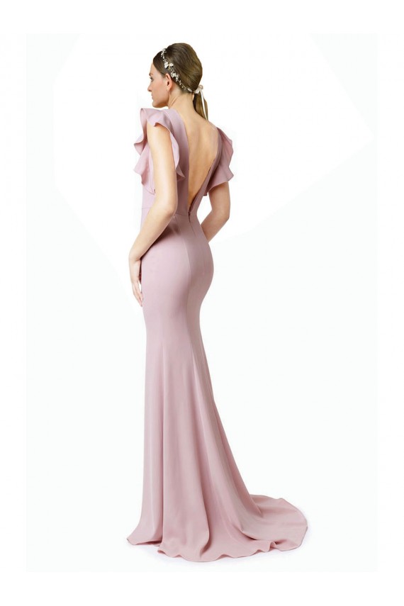 Rose Sirène Col bijou Balayage train Crêpe Stretch Longue Robes demoiselle d'honneur / Robes de bal à Vendre