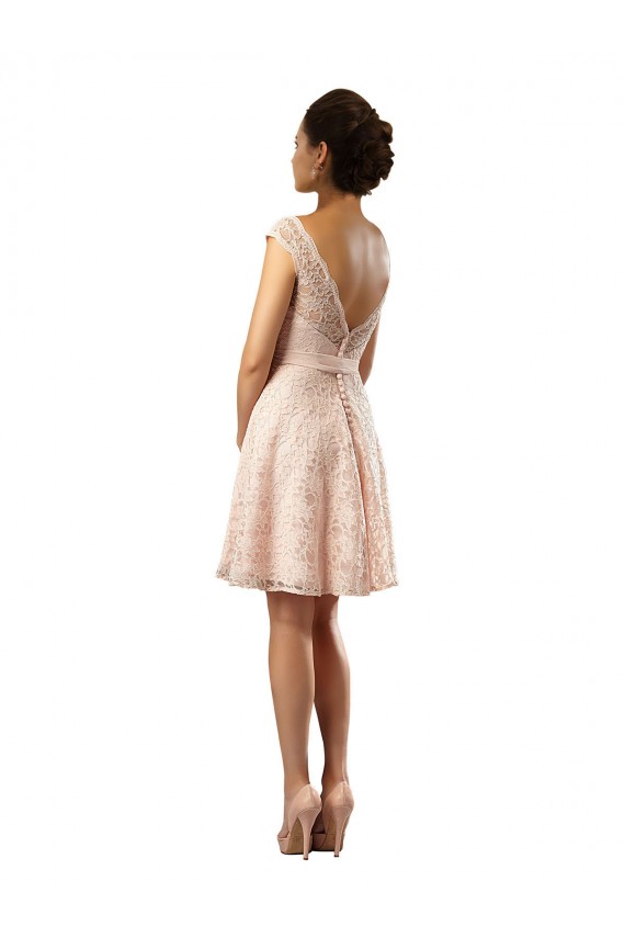 Rose Trapèze Bateau Illusion Mousseline Dentelle Courte Robes demoiselle d'honneur à Vendre