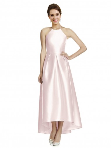 Rose Trapèze Bretelles spaghetti Satiné Longue Asymétrique Robes demoiselle d'honneur à Vendre