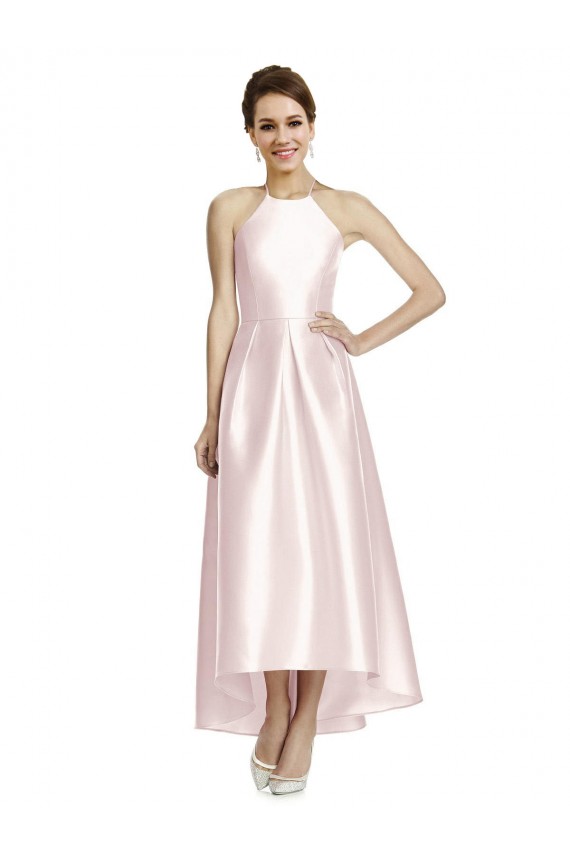 Rose Trapèze Bretelles spaghetti Satiné Longue Asymétrique Robes demoiselle d'honneur à Vendre