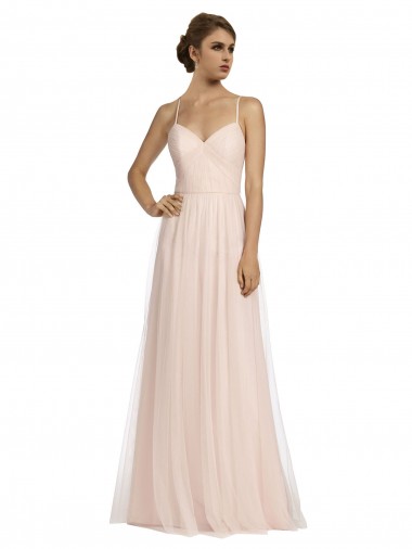 Rose Trapèze Bretelles spaghetti Tulle Longue Robes demoiselle d'honneur à Vendre