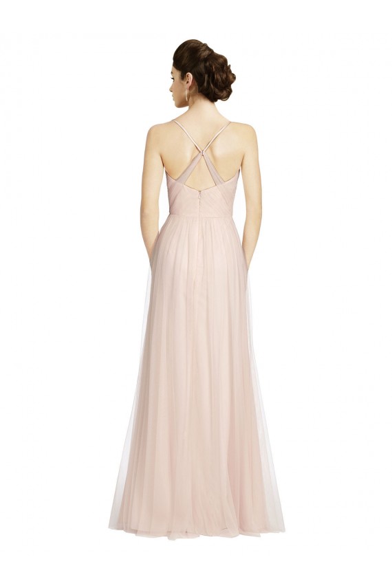 Rose Trapèze Bretelles spaghetti Tulle Longue Robes demoiselle d'honneur à Vendre