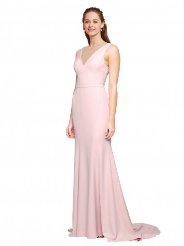 Rose Trapèze Col V Balayage train Crêpe Stretch Longue Robes demoiselle d'honneur / Robes de bal à Vendre
