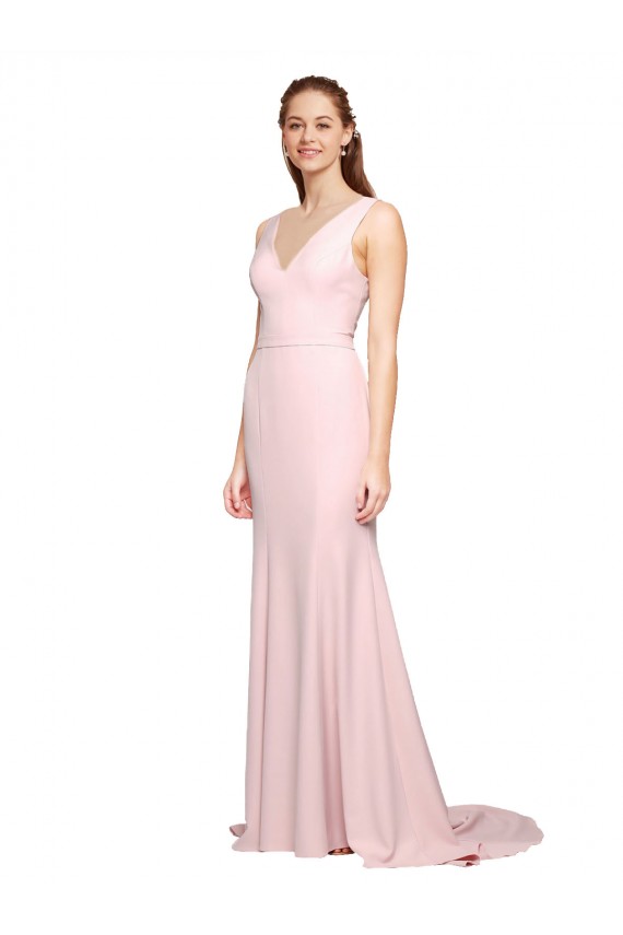 Rose Trapèze Col V Balayage train Crêpe Stretch Longue Robes demoiselle d'honneur / Robes de bal à Vendre