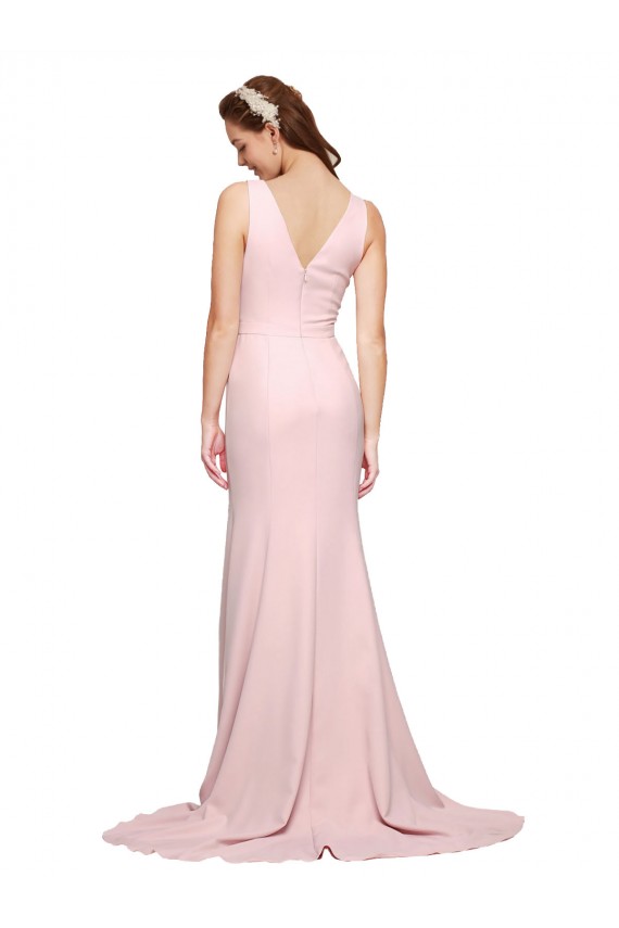 Rose Trapèze Col V Balayage train Crêpe Stretch Longue Robes demoiselle d'honneur / Robes de bal à Vendre