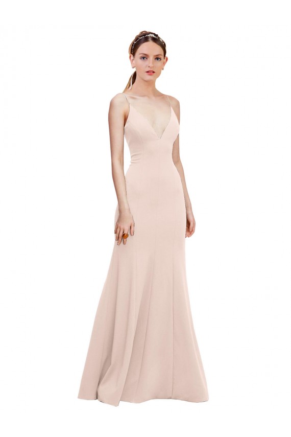Rose Trapèze Col V Crêpe Stretch Longue Formelles Robes demoiselle d'honneur / Robes de soirée / Robes de bal à Vendre