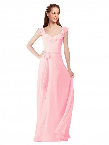 Rose Trapèze Col V Mousseline Longue Robes demoiselle d'honneur à Vendre