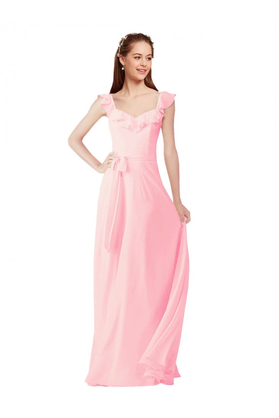 Rose Trapèze Col V Mousseline Longue Robes demoiselle d'honneur à Vendre