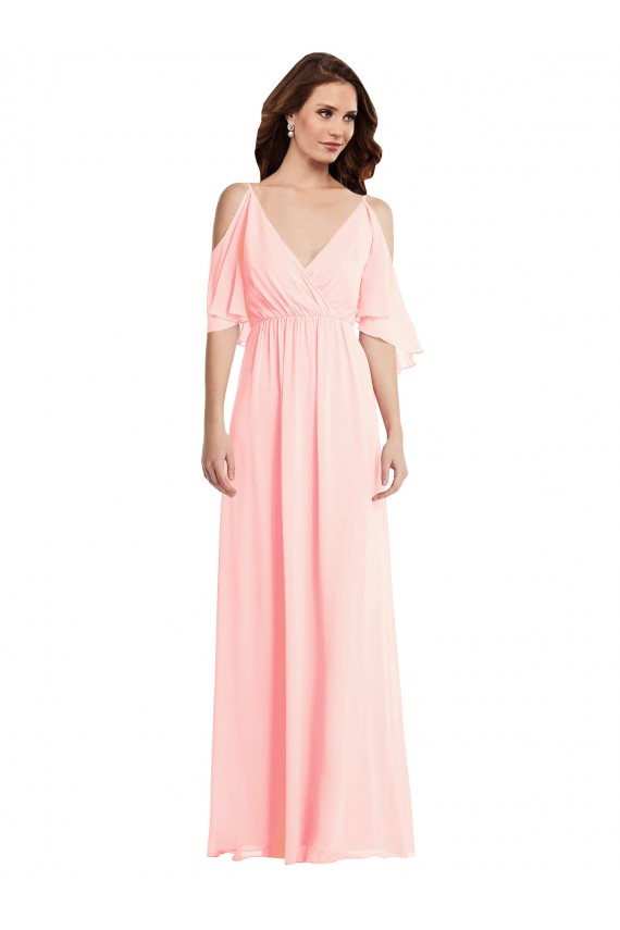 Rose Trapèze Col V Mousseline Longue Robes demoiselle d'honneur à Vendre