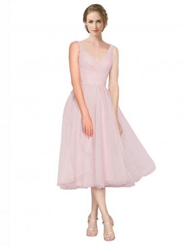 Rose Trapèze Col V Tulle Courte Robes demoiselle d'honneur / Robes de cocktail à Vendre
