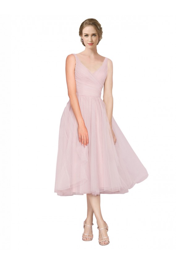 Rose Trapèze Col V Tulle Courte Robes demoiselle d'honneur / Robes de cocktail à Vendre