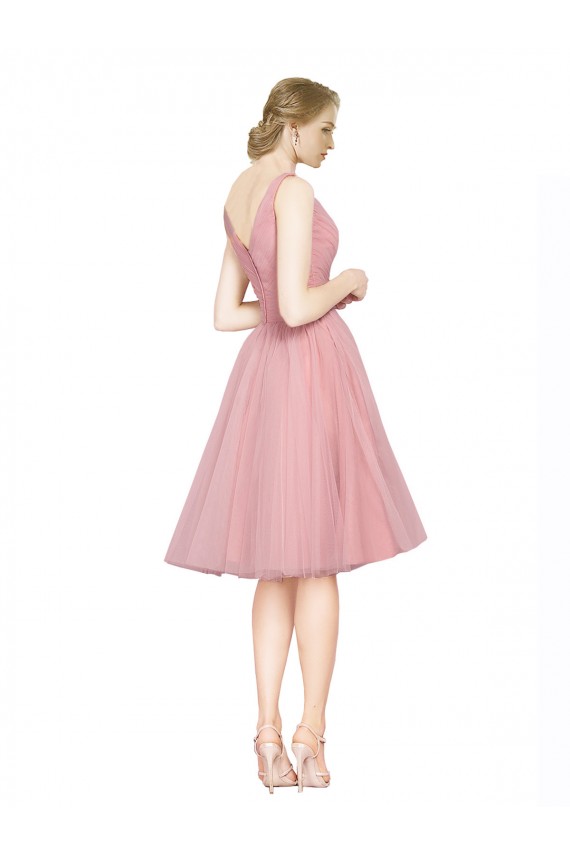 Rose Trapèze Col V Tulle Courte Robes demoiselle d'honneur / Robes de cocktail à Vendre