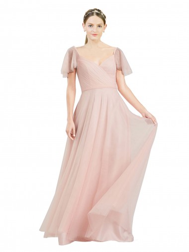 Rose Trapèze Col V Tulle Longue Robes demoiselle d'honneur à Vendre