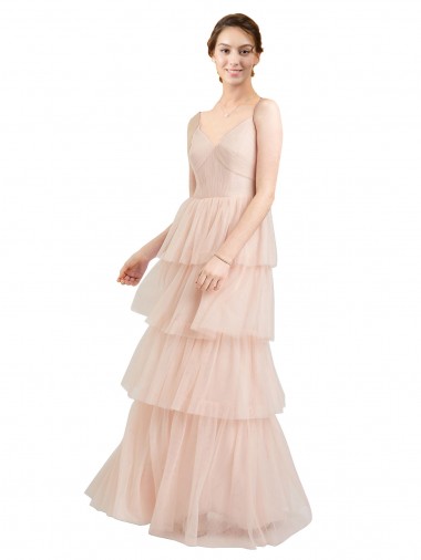 Rose Trapèze Col V Tulle Longue Robes demoiselle d'honneur à Vendre