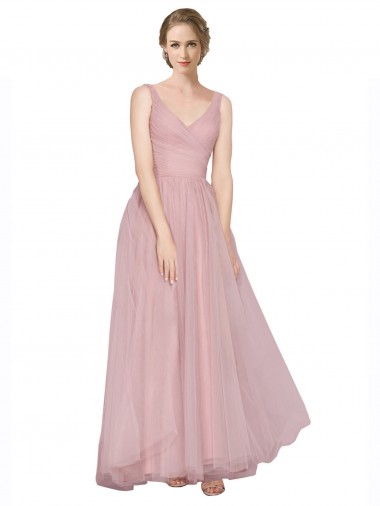 Rose Trapèze Col V Tulle Longue Robes demoiselle d'honneur à Vendre