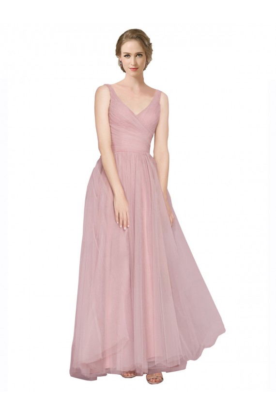 Rose Trapèze Col V Tulle Longue Robes demoiselle d'honneur à Vendre