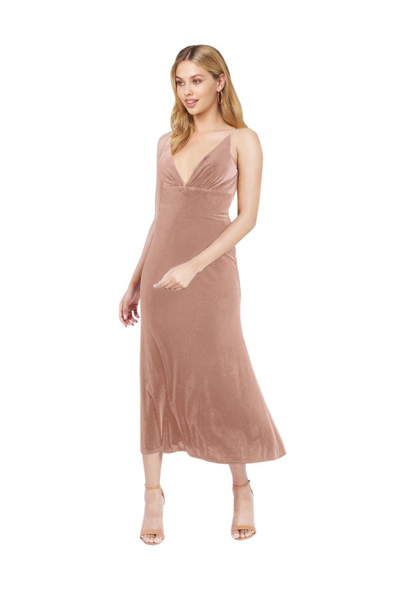 Rose Trapèze Col V midi Velours Stretch Courte Robes demoiselle d'honneur / Robes de bal / Robes de cocktail à Vendre