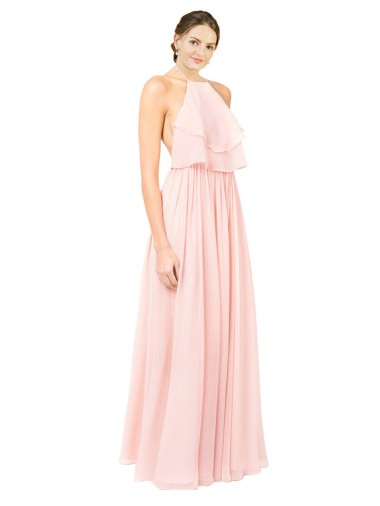 Rose Trapèze Licou Mousseline Longue Robes demoiselle d'honneur à Vendre