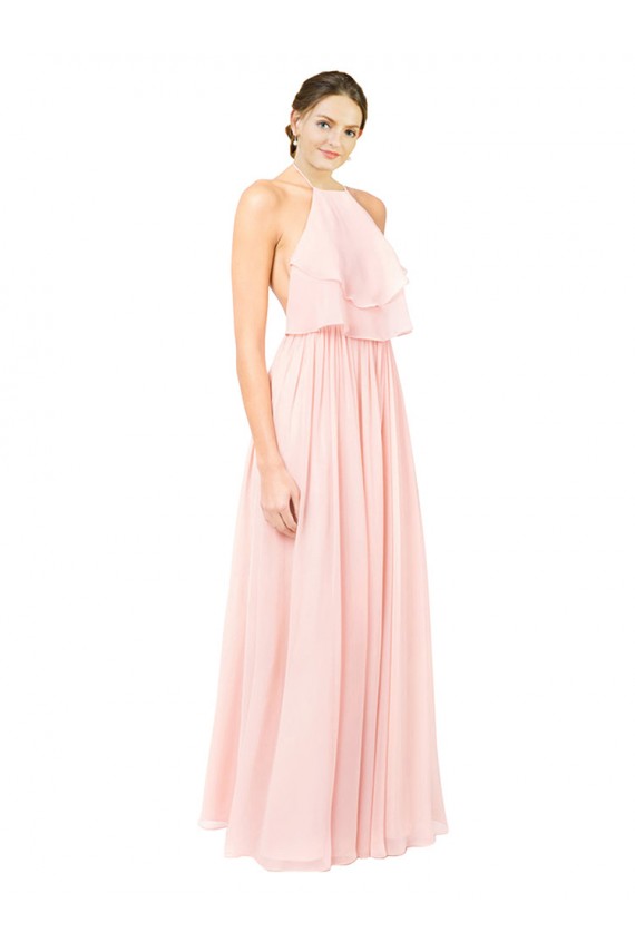 Rose Trapèze Licou Mousseline Longue Robes demoiselle d'honneur à Vendre