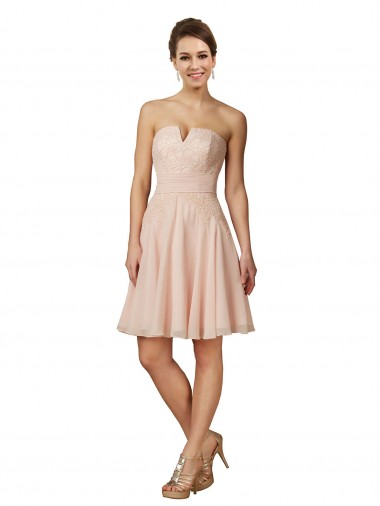 Rose Trapèze Mousseline Dentelle Courte Robes demoiselle d'honneur / Robes de cocktail à Vendre
