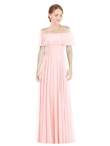 Rose Trapèze Épaule Dénudée Col Carré Mousseline Longue Robes demoiselle d'honneur à Vendre