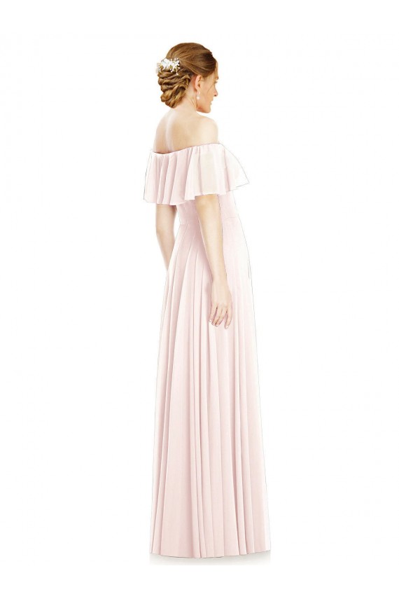 Rose Trapèze Épaule Dénudée Col Carré Mousseline Longue Robes demoiselle d'honneur à Vendre
