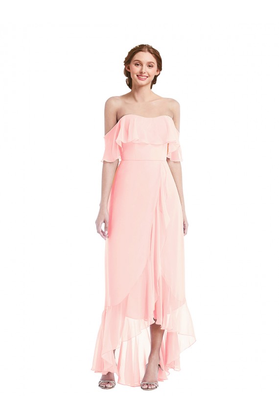 Rose Trapèze Épaule Dénudée Mousseline Longue Asymétrique Robes demoiselle d'honneur à Vendre