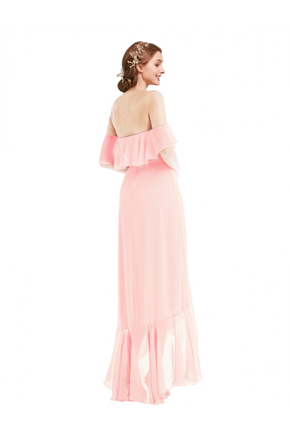 Rose Trapèze Épaule Dénudée Mousseline Longue Asymétrique Robes demoiselle d'honneur à Vendre
