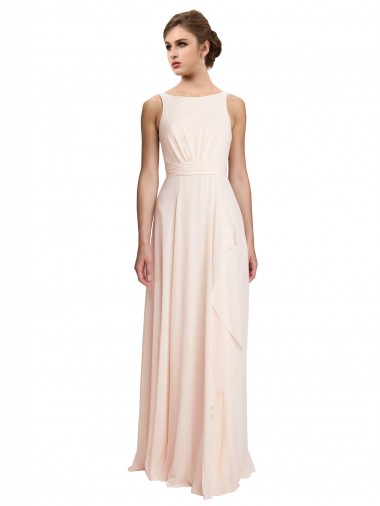 Rose crème Trapèze Bateau Col Haut Mousseline Longue Robes demoiselle d'honneur à Vendre