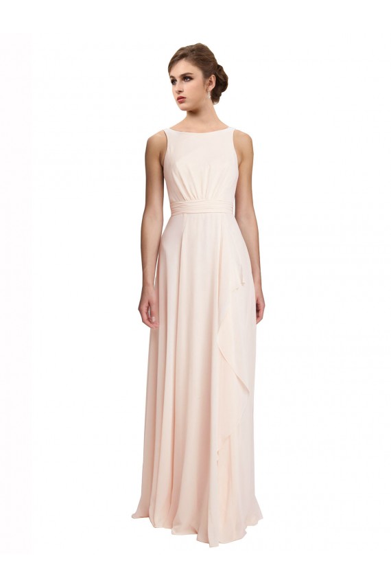 Rose crème Trapèze Bateau Col Haut Mousseline Longue Robes demoiselle d'honneur à Vendre