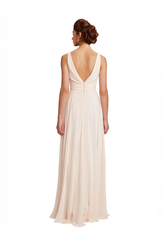 Rose crème Trapèze Bateau Col Haut Mousseline Longue Robes demoiselle d'honneur à Vendre