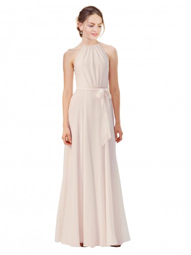 Rose crème Trapèze Bateau Col Haut Mousseline Longue Robes demoiselle d'honneur à Vendre