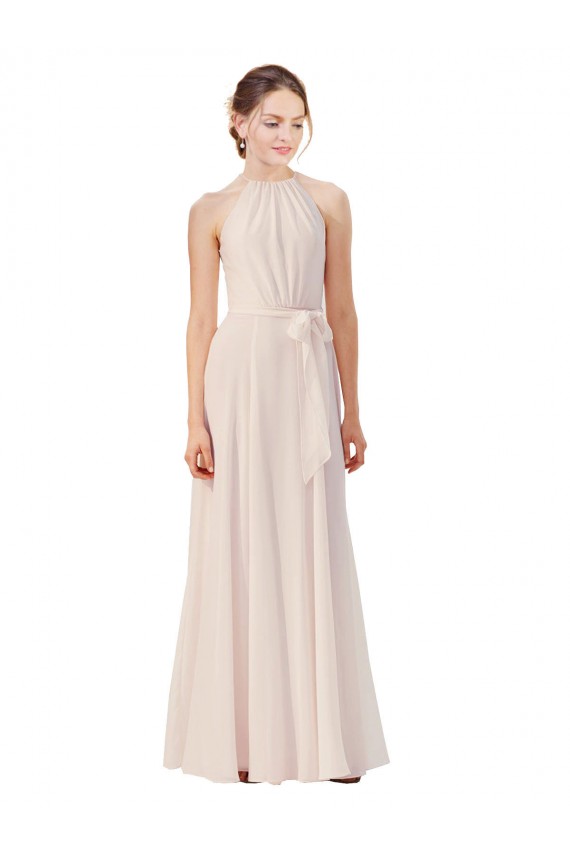 Rose crème Trapèze Bateau Col Haut Mousseline Longue Robes demoiselle d'honneur à Vendre