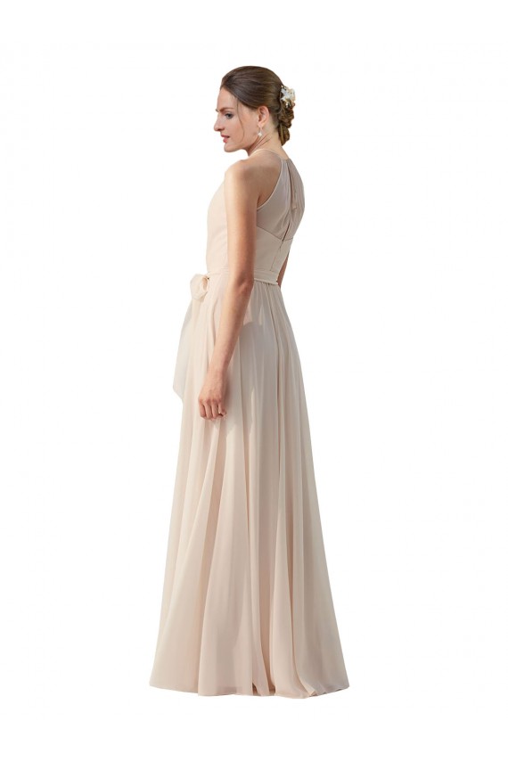 Rose crème Trapèze Bateau Col Haut Mousseline Longue Robes demoiselle d'honneur à Vendre