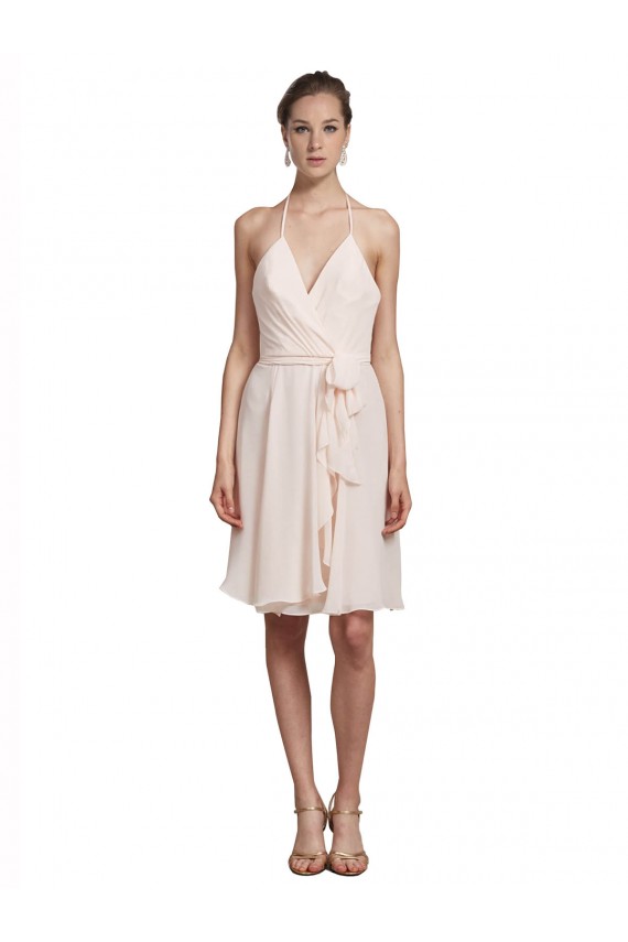 Rose crème Trapèze Licou Col V Mousseline Courte Robes demoiselle d'honneur / Robes de cocktail à Vendre