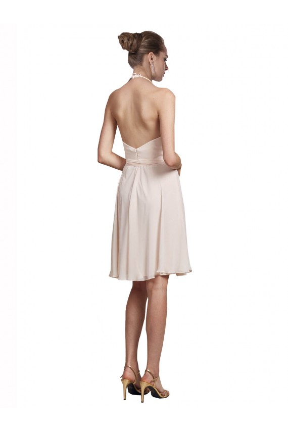 Rose crème Trapèze Licou Col V Mousseline Courte Robes demoiselle d'honneur / Robes de cocktail à Vendre