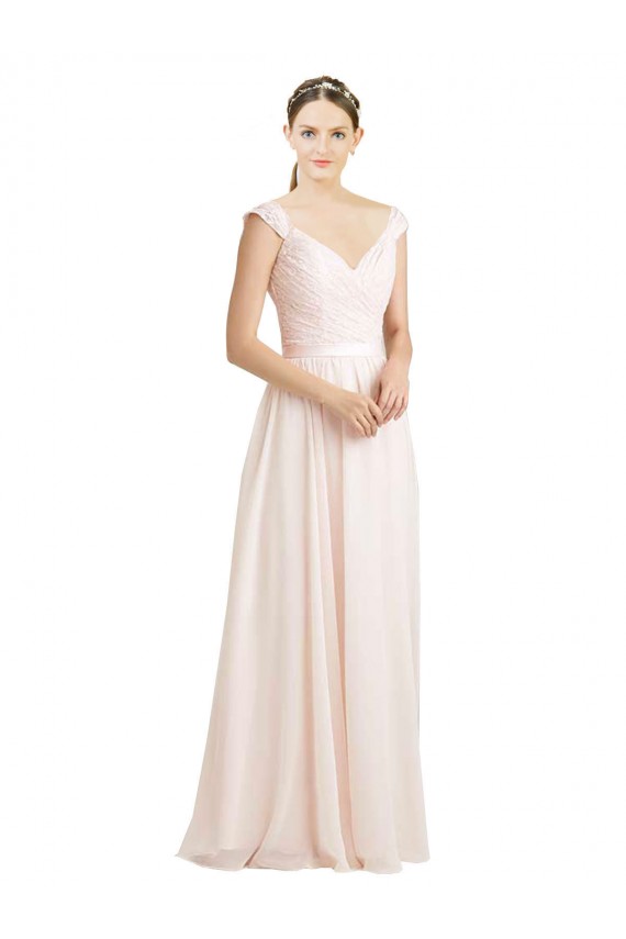 Rose crème Trapèze Mousseline Dentelle Longue Robes demoiselle d'honneur à Vendre