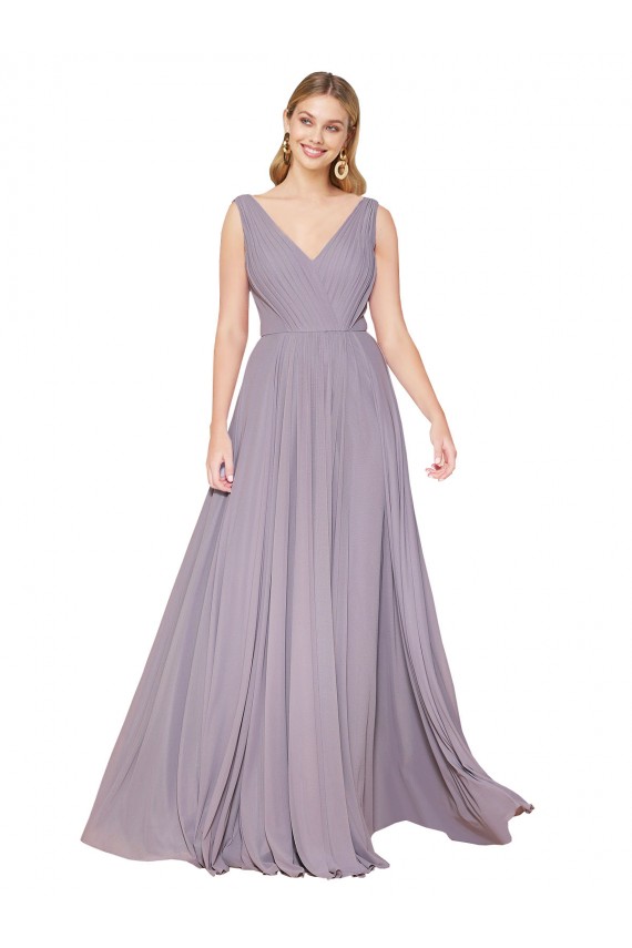 Rose poudré Trapèze Col V Mousseline Longue Formelles Robes demoiselle d'honneur / Robes de soirée / Robes de bal à Vendre