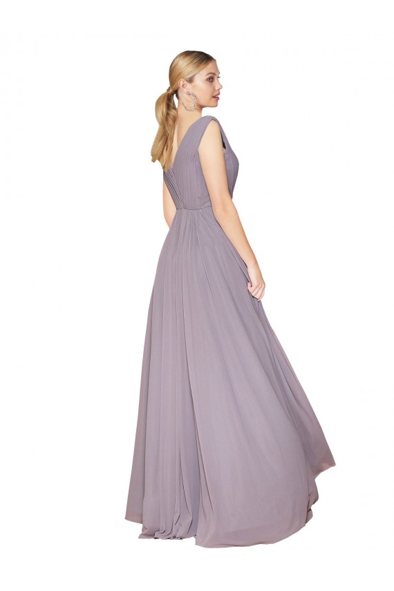 Rose poudré Trapèze Col V Mousseline Longue Formelles Robes demoiselle d'honneur / Robes de soirée / Robes de bal à Vendre