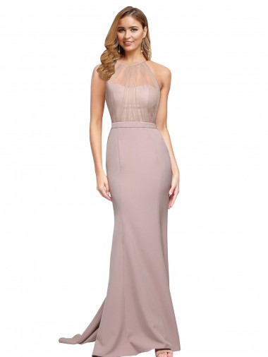 Rose poussiéreux Fourreau Col Haut Balayage train Crêpe Stretch Longue Formelles Robes demoiselle d'honneur / Robes de soirée / Robes de bal à Vendre