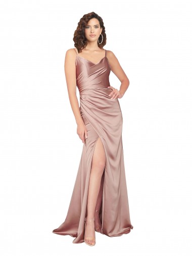 Rose poussiéreux Fourreau Col V Satiné Soyeux Longue Formelles Robes demoiselle d'honneur / Robes de soirée / Robes de bal à Vendre