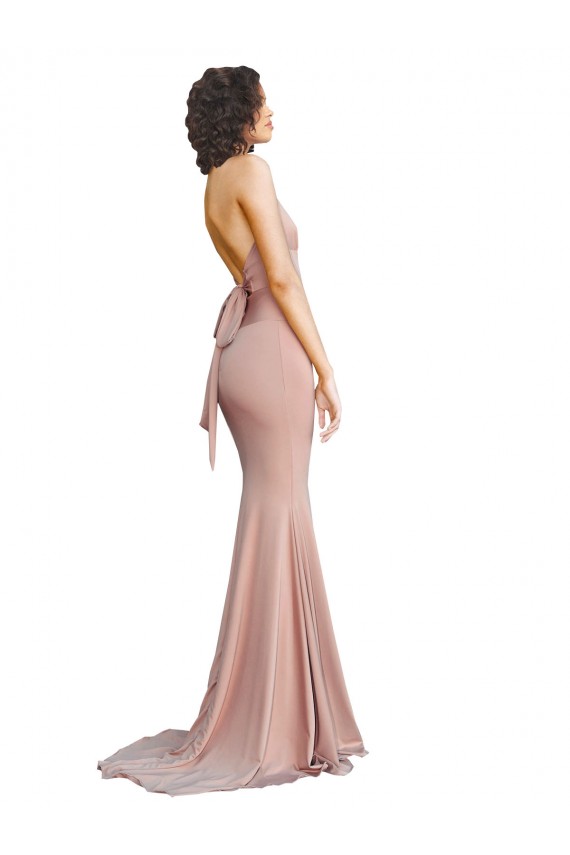 Rose poussiéreux Sirène Col V Spandex Longue Formelles Robes demoiselle d'honneur / Robes de soirée / Robes de bal à Vendre