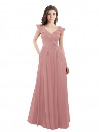 Rose poussiéreux Trapèze Col V Mousseline Longue Robes demoiselle d'honneur à Vendre