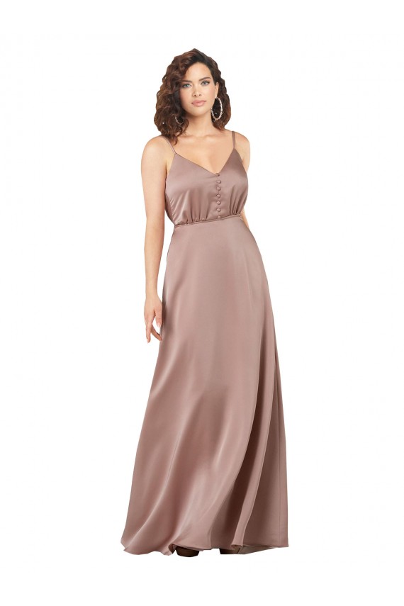 Rose poussiéreux Trapèze Col V Satiné Soyeux Longue Formelles Robes demoiselle d'honneur / Robes de soirée à Vendre