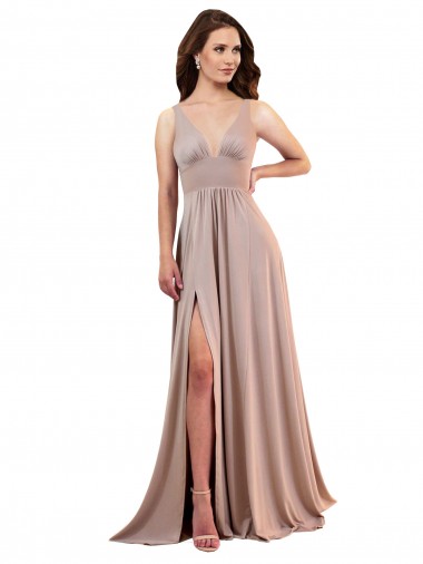 Rose poussiéreux Trapèze Col V Spandex Longue Formelles Robes demoiselle d'honneur / Robes de soirée / Robes de bal à Vendre