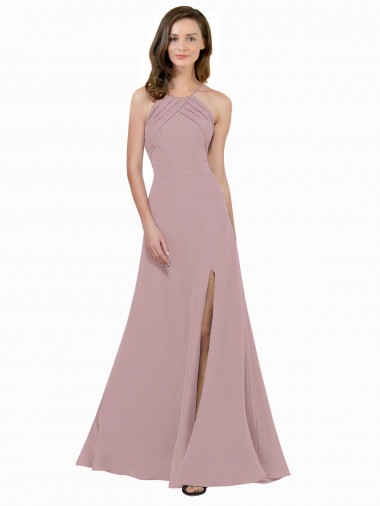 Rose poussiéreux Trapèze Col bijou Col Haut Crêpe Stretch Longue Robes demoiselle d'honneur / Robes de bal à Vendre