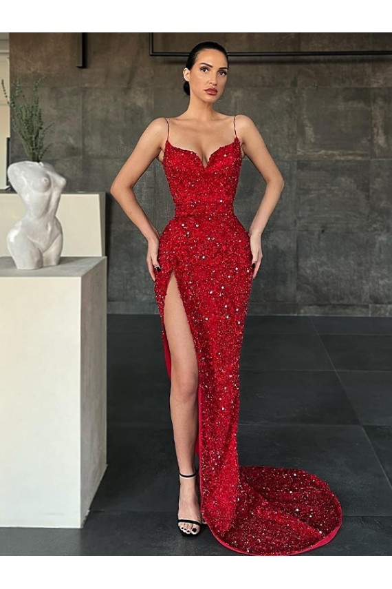 Rouge Fourreau Col V Balayage train Paillettes Velours Longue Robes de bal à Vendre