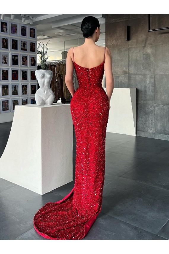 Rouge Fourreau Col V Balayage train Paillettes Velours Longue Robes de bal à Vendre