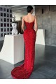 Rouge Fourreau Col V Balayage train Paillettes Velours Longue Robes de bal à Vendre