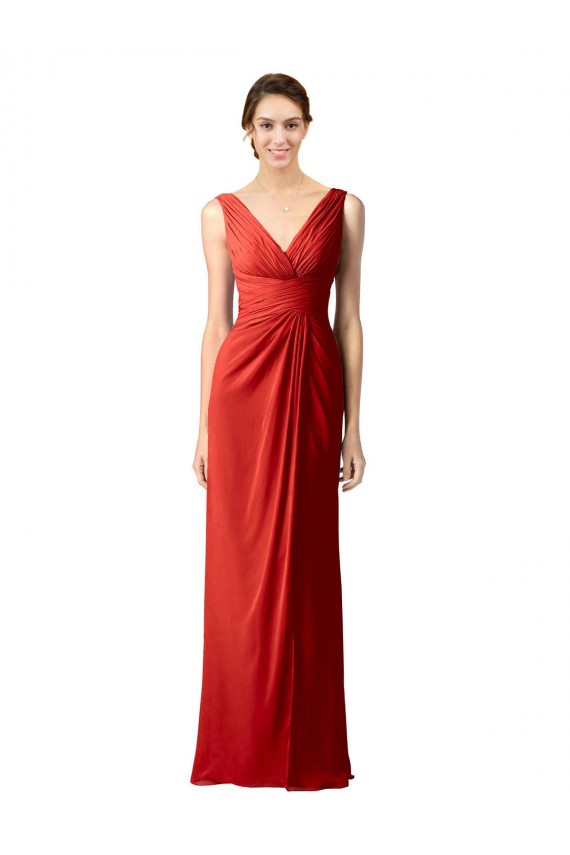 Rouge Fourreau Col V Mousseline Longue Robes demoiselle d'honneur à Vendre
